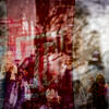 An abstract photo of the cherry Temple T flag overlay with students in the background